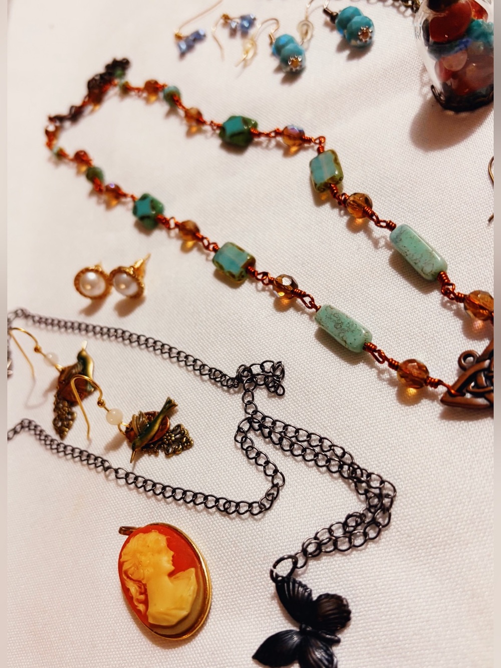 Fairy bundle Green and Amber Beaded Necklace with Copper Accents